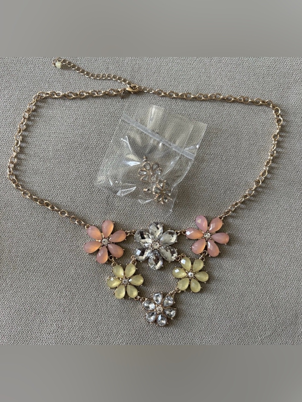 Floral Statement Necklace and Earring Set - Pink, Yellow & Clear Crystals